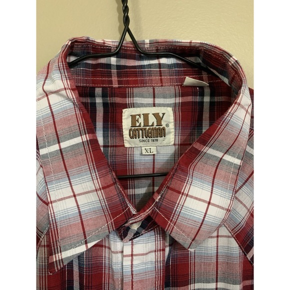 Ely Cattleman Red Metallic Plaid Short Sleeve Pearl Snap Men's XL Ranch Cowboy - Picture 5 of 16